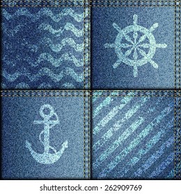 Seamless background pattern. Patchwork of denim fabric in nautical style.