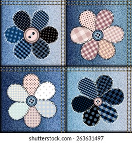 Seamless background pattern. Patchwork of denim fabric with applique of flowers.