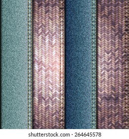 Seamless background pattern. Patchwork of denim fabric and knitted texture