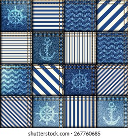 Seamless background pattern. Patchwork of denim fabric in nautical style