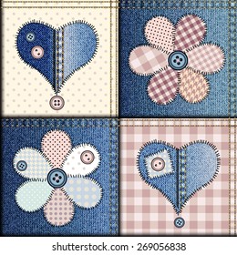 Seamless background pattern. Patchwork of denim fabric with applique of flowers and hearts.