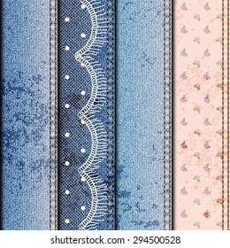Seamless background pattern. Patchwork of denim fabric and lace