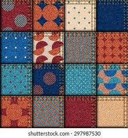 Seamless background pattern. Patchwork of denim fabric with geometric ornaments.