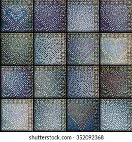 Seamless background pattern. The Patchwork with embroidery of hearts.