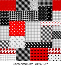 Seamless background pattern. Patchwork of gray and red patches.