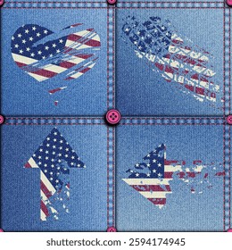 Seamless background pattern. Patchwork with grunge elements of American flag.