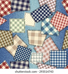 Seamless background pattern. Patchwork on denim fabric.