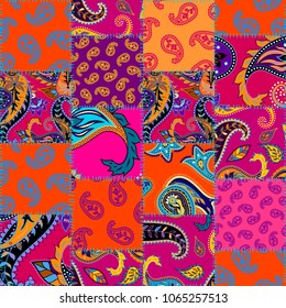 Seamless background pattern. Patchwork pattern with Paisley ornament patterns. Bright magenta and orange colors. Ethnic indian style. Seamless background pattern. Patchwork pattern with Paisley ornament patterns. Bright magenta and orange colors. Ethnic indian style.