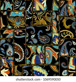Seamless background pattern. Patchwork pattern with Paisley ornament patterns. Ethnic indian style.