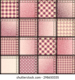 Seamless background pattern. Patchwork with pink denim fabric patches.