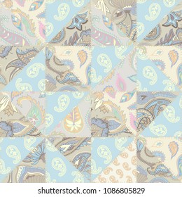 Seamless background pattern. Patchwork pattern of a triangles with Paisley ornament patterns. Vector image.