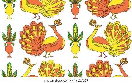 Seamless background pattern with peacock and fantasy flowers. Vector illustration hand drawn. Colorful tropical pattern for fabric , wrapping paper. Fantasy birds pattern.