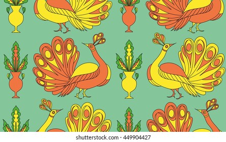 Seamless background pattern with peacock and fantasy flowers. Vector illustration hand drawn. Colorful tropical pattern for fabric , wrapping paper. Fantasy birds pattern.