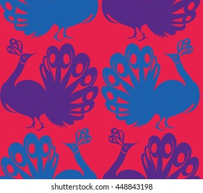 Seamless background pattern with peacocks . Vector illustration hand drawn. Colorful tropical pattern for fabric , wrapping paper. Fantasy birds pattern.