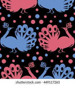 Seamless background pattern with peacocks . Vector illustration hand drawn. Colorful tropical pattern for fabric , wrapping paper. Fantasy birds pattern.