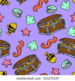 Seamless background with a pattern of a pearl, a seahorse, a tropical fish, a starfish, a treasure chest. Sea, ocean, water.