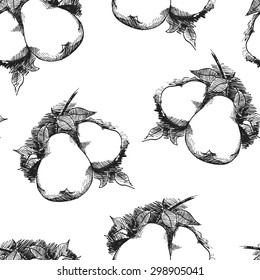 Seamless background with a pattern of pears on a branch with leaves. Graphic art. Hand drawn