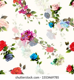 Seamless background pattern with peony, abstract flowers, leaves on white. Hand drawn illustration. vector - stock.