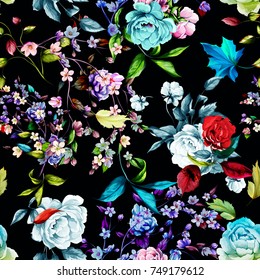 Seamless background pattern. Peony with apple flowers leaves on black. Abstract, hand drawn. Vector - stock.