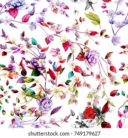 Seamless background pattern. Peony with apple flowers and leaves on white. Abstract, hand drawn. Vector - stock.