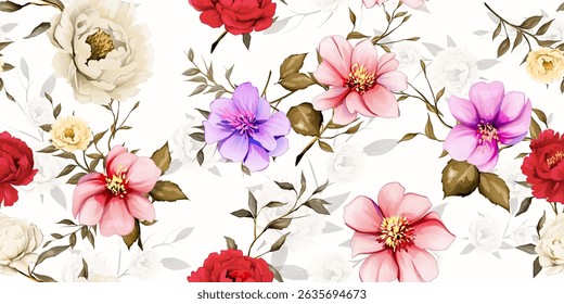 Seamless background pattern with peony and flowers on white. Pure vector - stock.