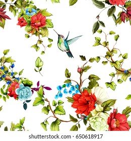 Seamless background pattern. Peony, roses, lily of the valley, pomegranate buds with humming bird around. Watercolor, hand drawn