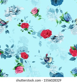 Seamless background pattern with peony, wren birds, abstract flowers, leaves on blue. Hand drawn illustration. vector - stock.