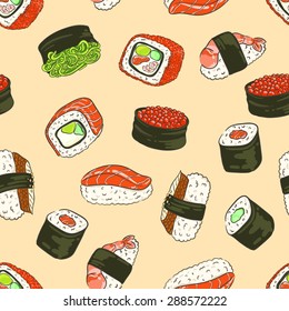 Seamless background with a pattern of Philadelphia roll with caviar, crab, avocado, cucumber and salmon, sushi with hiyashi wakame, sushi with eel, with red caviar, with a shrimp, roll California.