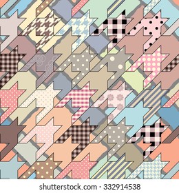 Seamless background pattern. Pink geometric pattern in patchwork style and hounds-tooth elements..