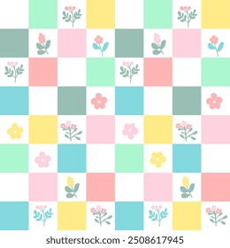 Patrón de fondo sin fisuras. Texturas rosas de bebé niña con flores. Cuadro de gingham arcoíris. Color de caramelo de Vector inconsútil conveniente para la moda, los interiores y la decoración de Pascua. Estilo de scrapbook pastel.