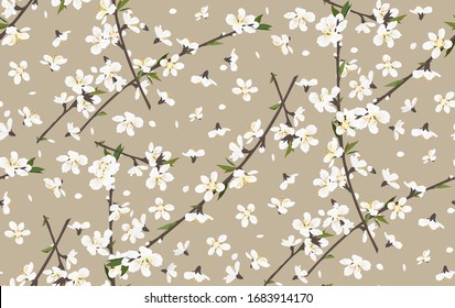 Seamless background pattern of pink Sakura blossom or Japanese flowering cherry symbolic of Spring in a random arrangement square format suitable for textile.