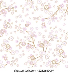 Seamless background pattern of pink Sakura blossom or Japanese flowering cherry symbolic of Spring in a random arrangement square format suitable for textile. Set of vector illustrations.