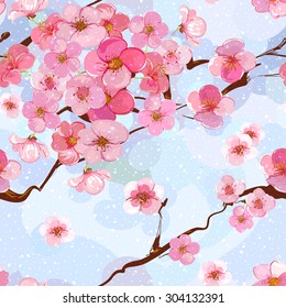 Seamless background pattern of pink Sakura blossom. Japanese cherry on a blue background. Vector stock illustration.