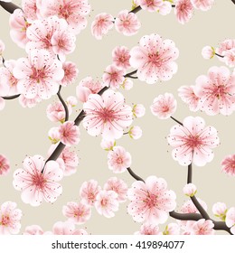 Seamless background pattern of pink Sakura blossom or Japanese flowering cherry symbolic of Spring in a random arrangement square format suitable for textile. EPS 10 vector file included