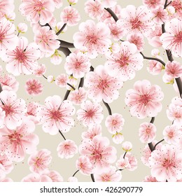 Seamless background pattern of pink Sakura blossom or Japanese flowering cherry symbolic of Spring in a random arrangement square format suitable for textile. EPS 10 vector file included