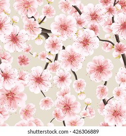 Seamless background pattern of pink Sakura blossom or Japanese flowering cherry symbolic of Spring in a random arrangement square format suitable for textile. EPS 10 vector file included