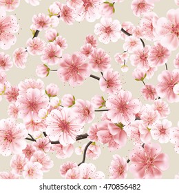 Seamless background pattern of pink Sakura blossom or Japanese flowering cherry symbolic of Spring in a random arrangement square format suitable for textile. EPS 10 vector file included