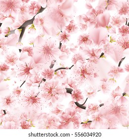 Seamless background pattern of pink Sakura blossom or Japanese flowering cherry symbolic of Spring in a random arrangement square format suitable for textile. EPS 10 vector file included