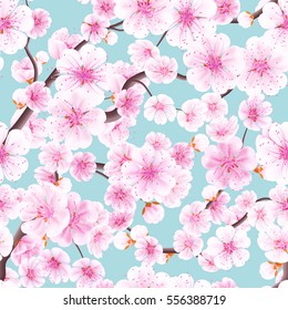 Seamless background pattern of pink Sakura blossom or Japanese flowering cherry symbolic of Spring in a random arrangement square format suitable for textile. EPS 10 vector file included