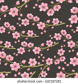 Seamless background pattern of pink Sakura blossom or Japanese flowering cherry. Vector illustration
