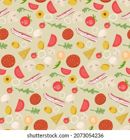 Seamless background with a pattern of pizza ingredients. Vector illustration.