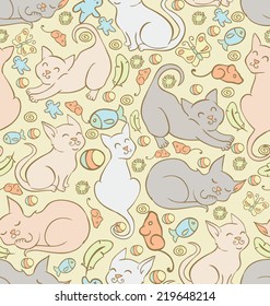 Seamless background pattern with playful cats and kitten toys 