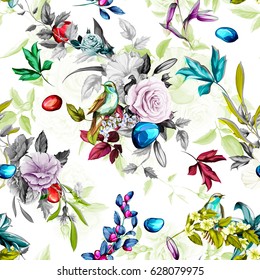 Seamless background pattern. Pomegranate seeds with roses, poppy, nightingale, lily of the valley, branch and leaves with flowers ow white. Hand drawn, vector - stock.