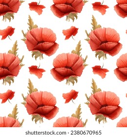 Patrón de fondo de amapola, flores de maíz, lirio del valle, camomila con hojas sobre negro. Vector - stock