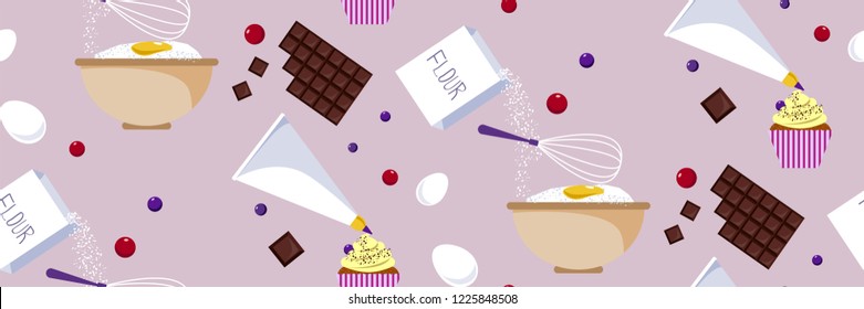 Seamless background pattern with preparing food scene. Chocolate eggs flour cupcakes in vector. Cooking classes or book.