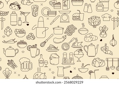 Seamless background. Pattern with products and kitchen tools. Sweets, drinks, vegetables, goat food, pots, plates, etc. Vector