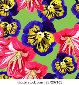 Seamless background with a pattern of  purple, yellow pansies and pink amaryllis