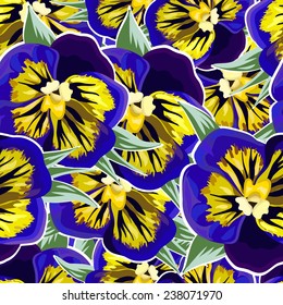 Seamless background with a pattern of purple, yellow pansies