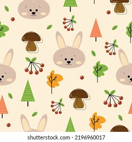 seamless background pattern with a rabbit hare in the forest. mushroom trees leaves mountain ash. suitable for fabric for children, wallpaper in the nursery. pencil box