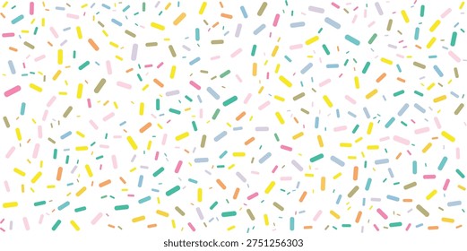 Seamless background pattern with rainbow, colorful falling decorative sprinkles, confetti banner background. Vector donuts glaze pastry elements
